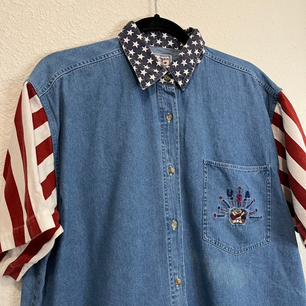 Quizz Again Shirt America 4th July Button USA Teddy Embroidered Vintage Y2K Sz L - Picture 2 of 11